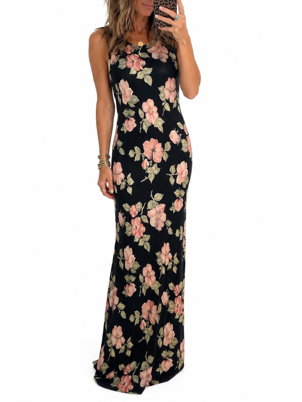 Vintage 90s Black Floral Floor-Length Maxi Dress | Size M